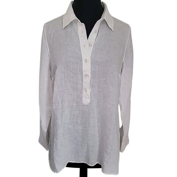Talbots Women’s 100% Linen Popover Blouse White M Coastal Roll Tab Button Top - Picture 4 of 11